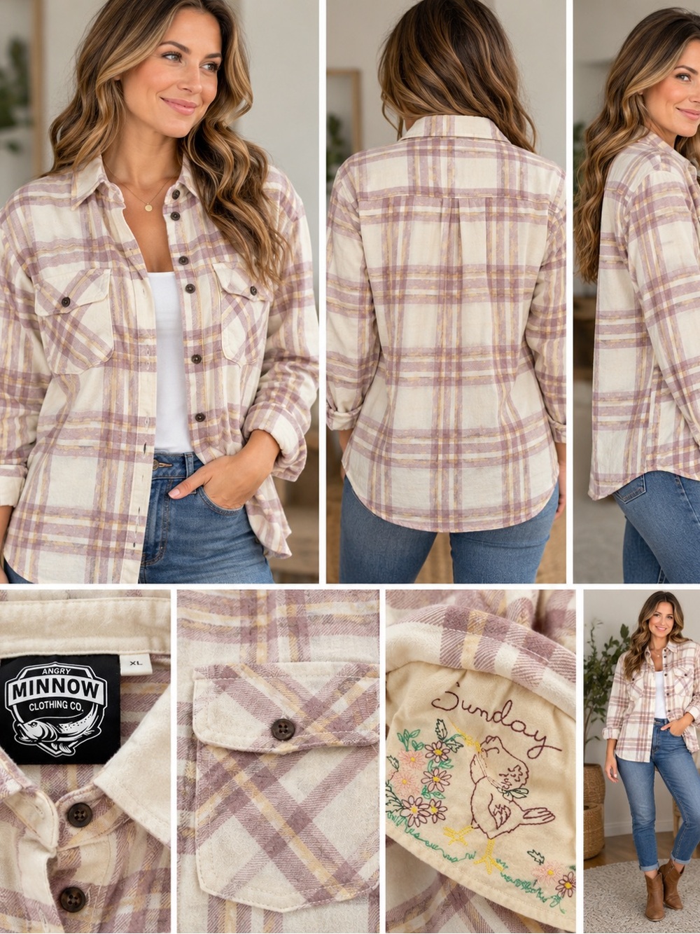Minnow Plaid Button-Up Blouse in Cream & Mauve